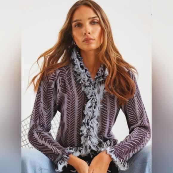 Anthropologie Sweaters - Anthropologie HWR Monogram Purple Herringbone Fringed Cardigan